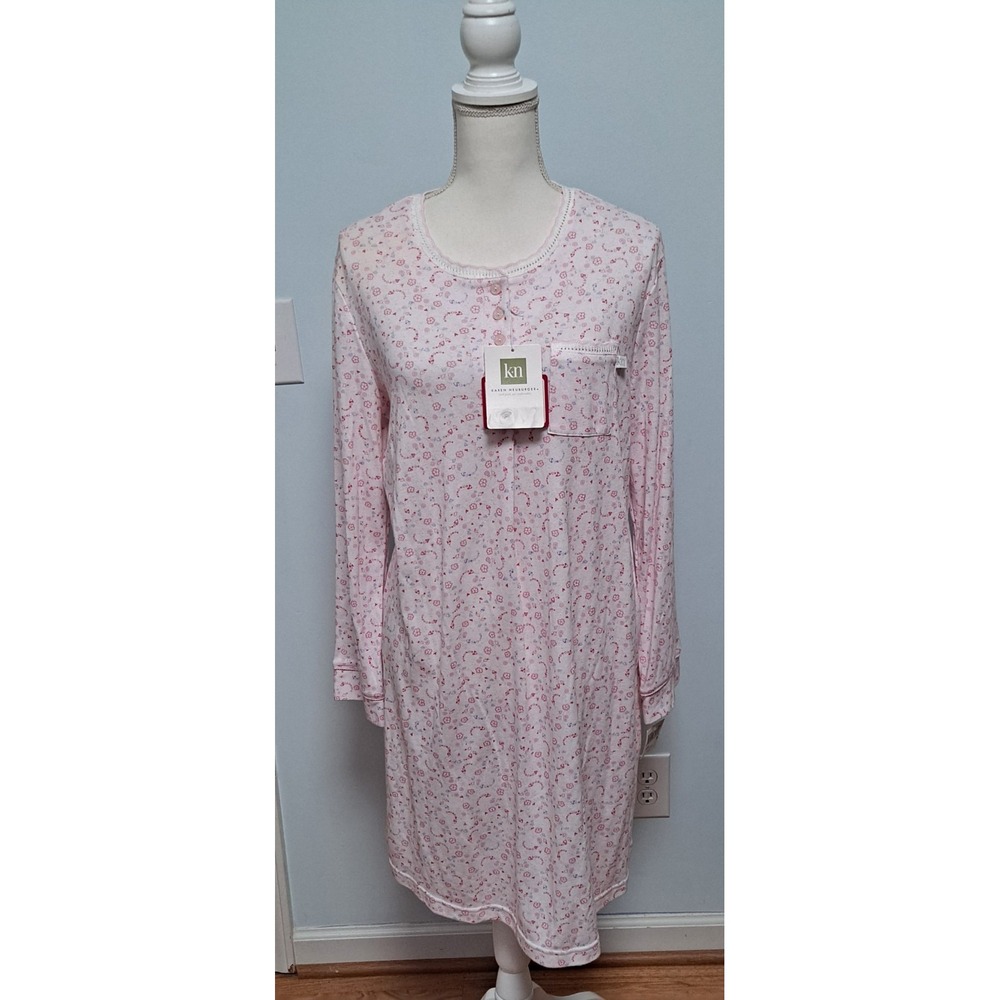 NEW Karen Neuburger Floral Henley Nightgown Long Sleeve Lace Trim Cream Pink M